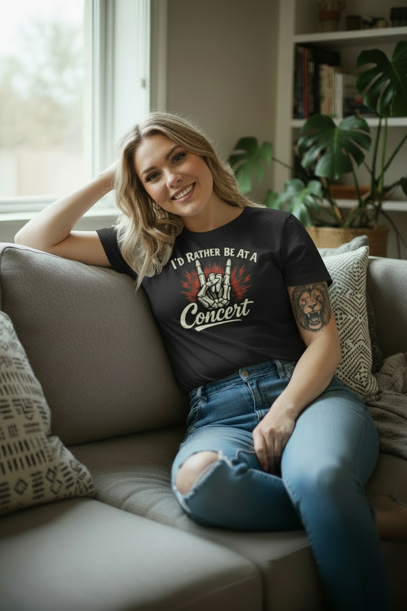 Blonde woman lounging, fully untucked shirt, big smile, bold arm tattoo
